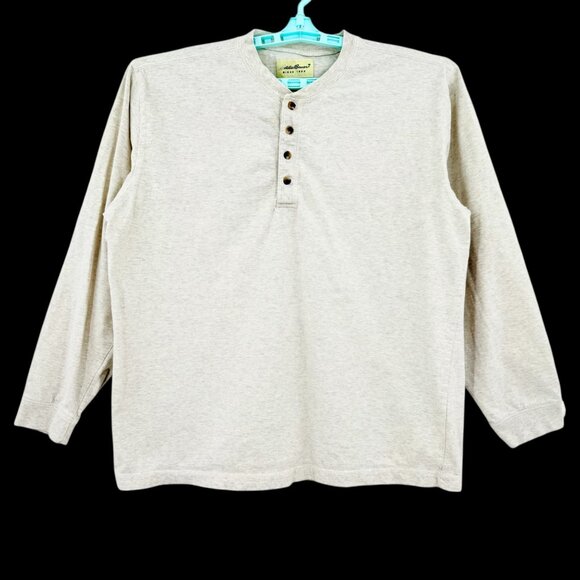 Eddie Bauer Men's Pullover Long Sleeve Grey Beige Henley Shirt Sz L 100% Cotton - Picture 1 of 9
